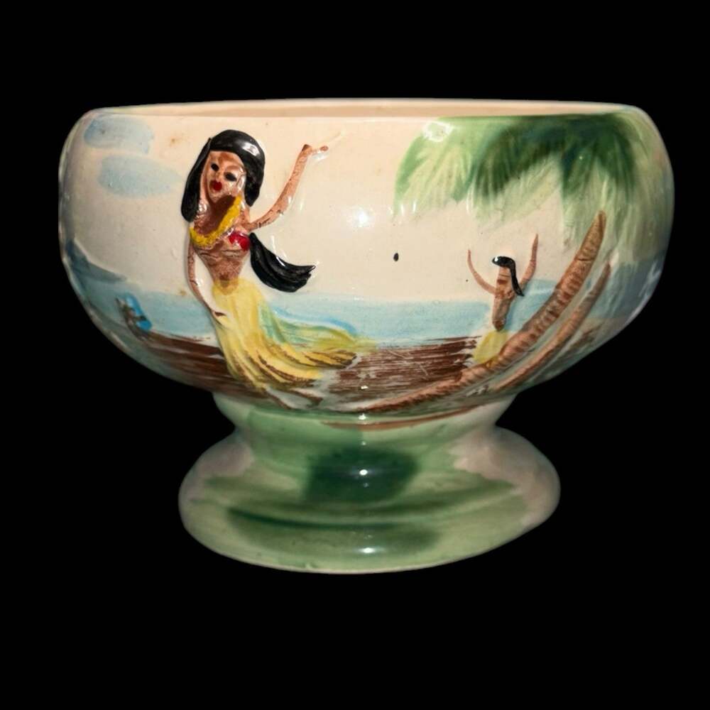 Vintage OMC Japan Tiki Hula Girl Scorpion Bowl Ceramic Pedestal Tropical Barware